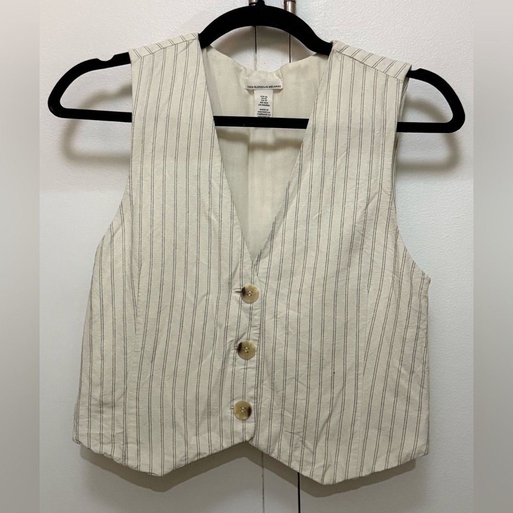 H&M Linen Blend Pinstripe Vest Neutral Minimalist Waistcoat XS